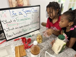 Children learn about fermentation by making apple cider vinegar. 
