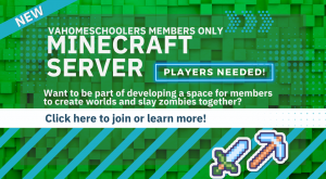 Text: New VaHomeschoolers Minecraft server. Players Needed, Click here to join or learn more!
