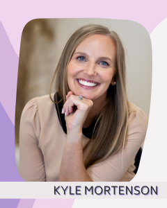 Kyle Mortenson headshot. Smiling with her hand under her chin, hair long.